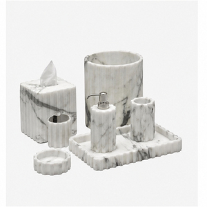 Ensemble d'accessoires de salle de bain en marbre blanc de luxe, distributeur de savon, porte-brosse à dents, boîte à mouchoirs et plateau pour la décoration moderne de la maison et de l'hôtel - Product Image 1