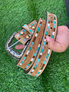 Nouvel arrivage de ceintures florales occidentales en cuir véritable usinées à la main et peintes à la main Ceintures unisexes en cuir véritable usiné à la main - Product Image 2