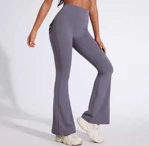 High Waist <b>Flared</b> <b>Leggings</b> Full Length Solid Blue Knitted Stretch Fabric With Pockets All Seasons Women's Style - Product Image 5
