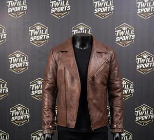 Blouson moto en cuir marron pour homme, col rabattu, fermeture éclair, coupe ajustée, vêtement d'extérieur pour l'automne - Product Image 2