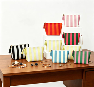 Modern Striped Canvas Cosmetic Pouch Bag With Zipper Closure Portable Make Up Pouch Medium Size Black And White Pattern - Product Image 4