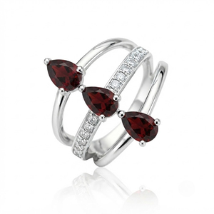 Women's Classy & Romantic Design Rhodium Plated <b>Garnet</b> Cz Three Stone Gemstone <b>Ring</b> with <b>Silver</b> Band for Wedding & Party - Product Image 1