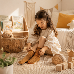 Calcetines dorados suaves con movimiento flexible, comodidad transpirable y calidad duradera para niños que aman jugar todos los días. - Product Image 1