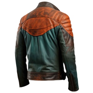 Nouvelle veste en cuir pour homme, style vintage, moto, effet usé, tendance, vert brun, véritable peau de mouton, col montant, fermeture éclair - Product Image 2
