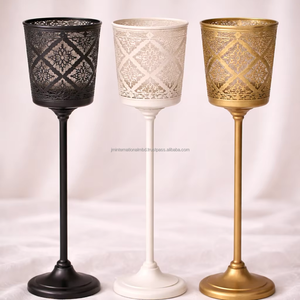 Metal etched Lace Votive <b>Candle</b> <b>Holders</b> with Long Stand – Set of 3 (<b>Black</b>, White & Antique Gold) - Product Image 1