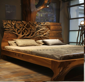 Cama circular con un marco masivo tallado con motivos del árbol de la vida e iluminación integrada. Disponible a precios de mayorista. - Product Image 3