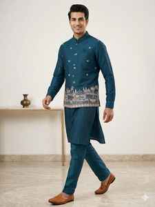 Conjunto de Kurta y Pijama de Seda para Hombre, para Fiestas, con Chaqueta Koti de Satén Malai Bordada - Product Image 2