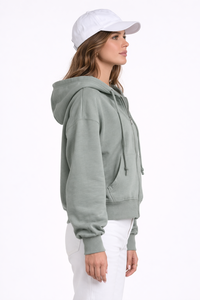 Sweat-shirt à capuche zippé vert sauge pour femme, en molleton de coton décontracté, coupe oversize, veste à capuche douce et chaude pour l'hiver avec cordon de serrage - Product Image 2