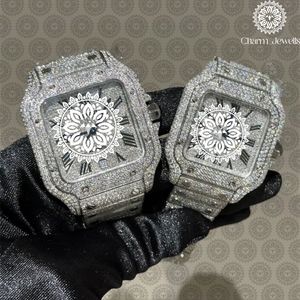 Charm Jewellis Luxury Men's <b>Diamond</b> Encrusted Square <b>Watch</b> Stainless Steel Analog Quartz Folding Clasp 38mm - Product Image 2