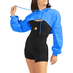 Women Cut-out Crop Tops Hoodies Gym Workout Drawstring Cotton Pullover <b>Sweatshirts</b> Drop Shoulder Cropped Hoodie - Product Image 1
