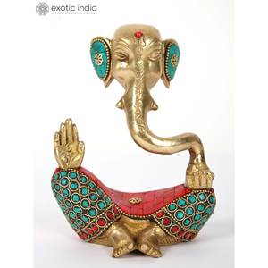 ประติมากรรมพระพิฆเนศทองเหลืองขนาด6นิ้วทำด้วยมือมีการฝังที่ซับซ้อนผลิตในอินเดีย - Product Image 2