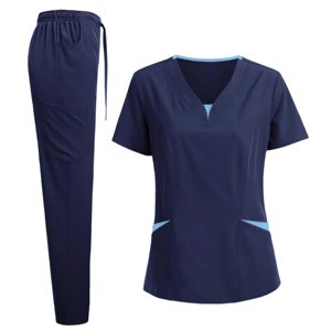 Scrub <b>Set</b> for Unisex <b>Doctor</b> Denim Scrub Tops and Pants Trendy V Neck Plus Size Solid Color Hospital Use - Product Image 3
