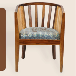 Mid-Century Modern Classic Solid Wooden Frame Rattan Cane Back Soft Fabric Cushion Dining Living Room Barrel Chair With Armrests - Product Image 1