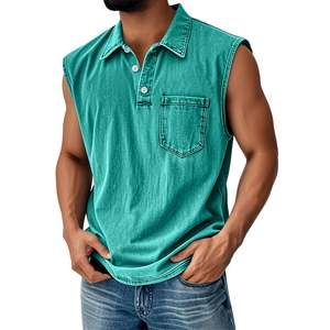 Factory Directly Wholesale OEM Sleeveless Shirts for Men Vintage Distressed Washed Button V Neck Polo Shirts Vintage Gym Tops - Product Image 1