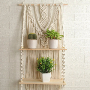 Handmade White Cotton Rope Macramé Wall Hanging 2-Tier <b>Shelf</b> Planter with <b>Pine</b> Wood Decorative Hanging <b>Shelf</b> for Home Décor - Product Image 3