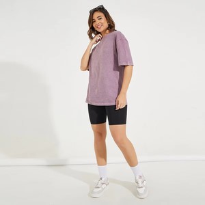 Camiseta de Algodón para Mujer, Cuello Redondo, Manga Corta, Corte Holgado, Color Morado, Informal, Transpirable, Tejido de Punto, Primavera Verano - Product Image 1