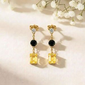 Natural Lemon Quartz Rectangle Cut & <b>Black</b> Obsidian Round Drop Earrings CZ Accent Handmade Gemstone Jewelry Fine Stud Earrings - Product Image 2