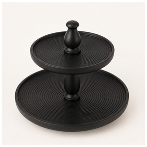 Modern 2-Tier Black Wooden Cake <b>Stand</b> and Tiered Serving Tray with Ribbed Design Table Centerpiece for <b>Cupcakes</b> Desserts - Product Image 1