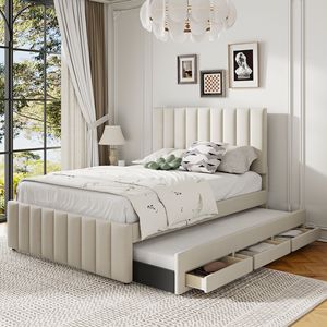 Letto matrimoniale imbottito in tessuto di lino beige con letto estraibile singolo e 3 cassetti - Mobili imbottiti - Product Image 1