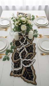<b>Black</b> Gold Embroidered Floral Table <b>Runner</b> Rectangle Fabric Mats Handmade Glam Design - Product Image 4