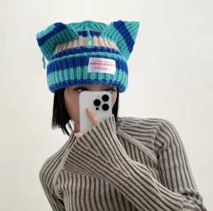 Knitted Beanie <b>Hat</b> <b>Cat</b> Ears Color Blocking Stripes Unisex Adult Winter Adjustable Breathable Waterproof Handmade Cute Street - Product Image 4