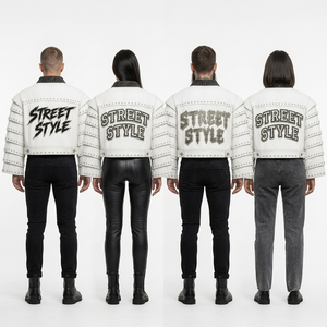 Custom White Studded Faux Leather <b>Jacket</b> Graphic Zip Up Street Wear Fashion Biker Outerwear For Unisex Winter Wear - Product Image 6