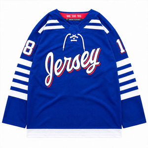 Maillot de hockey sur glace bleu classique avec rayures blanches et numéro 8, manches longues, col en V, respirant, polyester, unisexe adulte, tenue de sport - Product Image 1