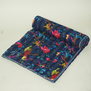 Blue Floral Bird Print Quilt Cotton <b>Bedspread</b> Stitched Coverlet for Home Bedroom Hotel Decor - Product Image 3