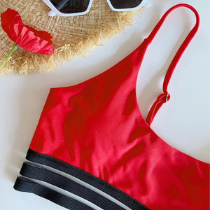 Conjunto de Bikini Rojo para Mujer, Top Bandeau, Braguita de Cintura Alta, Ribete en Contraste, Traje de Baño de Spandex y Poliéster - Product Image 5