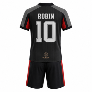 ชุดเสื้อและกางเกงฟุตบอลสีดำแดงสำหรับทุกเพศจาก ROMAA APPAREL CO. แบบซับลิเมชั่น 10 ชิ้น ระบายเหงื่อได้ดี ยืดได้สี่ทิศทาง เป็นมิตรต่อสิ่งแวดล้อม - Product Image 2