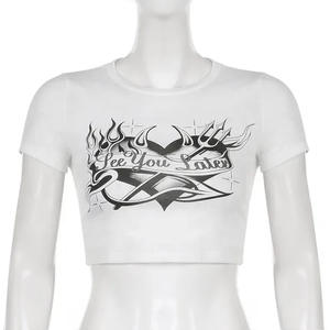 Camiseta Corta Ajustada para Mujer, Cuello Redondo, Manga Corta, Diseño con Letras Estampadas, Informal, Transpirable, Verano, Blanca, Poliéster/Algodón - Product Image 3