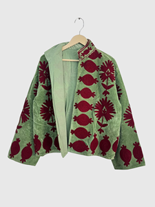 Veste en velours vert brodée à col mandarin, manches longues, motif floral, grande taille, vêtements d'automne pour femmes - Product Image 3