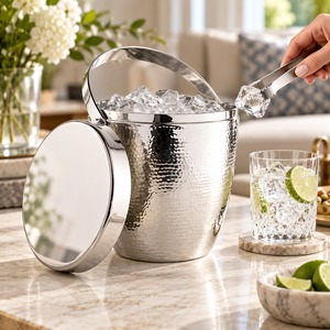 Cubo de Hielo de Metal Martillado con Acabado Cromado, Asa Hecha a Mano, Logotipo Personalizado, Duradero, Ecológico, Enfriador de Vino para Bodas y Fiestas - Product Image 1
