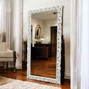 Vintage <b>White</b> Carved Wooden Full Length <b>Mirror</b> Decorative Wall <b>Mirror</b> Antique <b>Ornate</b> Frame Dressing <b>Mirror</b> - Product Image 1
