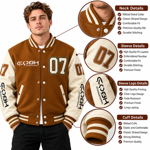 Veste varsity marron pour homme avec numéro 07, boutons pression et manches contrastées - Product Image 5