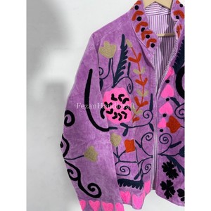 Purple Velvet Embroidery Jacket Uzbek Suzani Unisex Short Jacket <b>Coat</b> Women's Winter Jacket With Two Side Pockets - Product Image 3