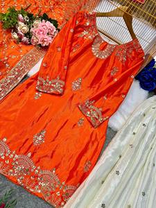 Conjunto de Top, Pantalón Plazzo y Dupatta de Seda Chinon para Mujer, Bordado con Encaje, Completamente Cosido, para Bodas, Fiestas y Eventos Étnicos - Product Image 6