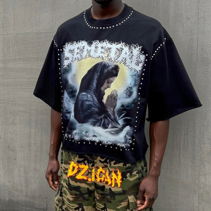 เสื้อยืดโอเวอร์ไซส์ผ้าฝ้าย 100% ประดับคริสตัล ผ้าเฟรนช์เทอร์รี่เนื้อหนา ซักย้อมสีแบบแอซิดวอช แขนสั้นสองชั้น - Product Image 3