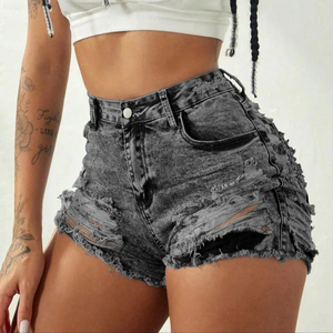 Shorts de mezclilla de cintura alta con efecto desgastado, dobladillo rasgado y detalles recortados para mujer, estilo ajustado de verano - Product Image 1