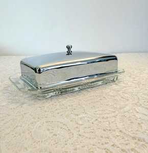 Vintage Glass <b>Butter</b> Dish Chrome Lid Clear Rectangular Hazel Atlas Style - Product Image 6