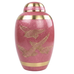 Urne funéraire de luxe vert émeraude pour cendres humaines, grande urne en métal artisanale avec oiseaux dorés gravés et bandes en laiton - Product Image 3