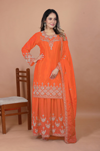 Chinon Silk Coding <b>Sequin</b> Rivet Moti Top <b>Flared</b> Palazzo Pack Embroidered Dupatta Stitched Three Piece Partywear Suit - Product Image 2