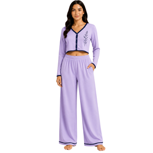 Conjunto de Pijama Personalizado para Mujer, Color Lavanda y Azul Marino, Manga Larga, Estilo Crop, Bordado Floral, Tejido de Algodón Suave, Pantalones Anchos, OEM - Product Image 1