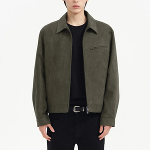 <b>Men's</b> Olive Green <b>Suede</b> Bomber <b>Jacket</b> Casual Turn-down Collar Zipper Closure Regular Fit Autumn Wear - Product Image 1