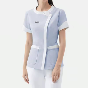Ensemble d'uniformes médicaux bleu clair à bordure blanche - Chemise à col montant + pantalon droit pour uniformes d'hôpital - Product Image 3