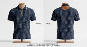 Polo à manches courtes pour homme, bleu marine à pois, en coton tricoté, design décontracté et respirant avec logo en cuir marron sur la nuque. - Product Image 1