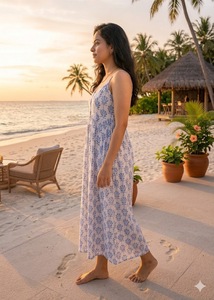 เดรสยาวทรงเอผ้าฝ้ายทอมือพิมพ์ลายบล็อก สายเดี่ยวสไตล์โบฮีเมียนสำหรับผู้หญิง เหมาะสำหรับใส่ไปชายหาด ฤดูร้อน เนื้อผ้าน้ำหนักเบา สไตล์อินเดีย ธรรมชาติ - Product Image 4