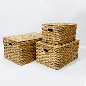 Eco Friendly Water Hyacinth <b>Foldable</b> Wicker Storage <b>Basket</b> Set with Lid and Handles - Product Image 1