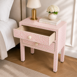 Pink Bone Inlay Nightstand 2 <b>Drawer</b> Bedside Table Modern Geometric Wood <b>Side</b> Cabinet for Bedroom Living Room Apartment & Hotel - Product Image 4