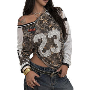 Maillot de football américain personnalisé en jersey court à manches longues avec strass et motif camouflage pour femme, style streetwear oversize en maille, fournisseur OEM en gros - Product Image 4